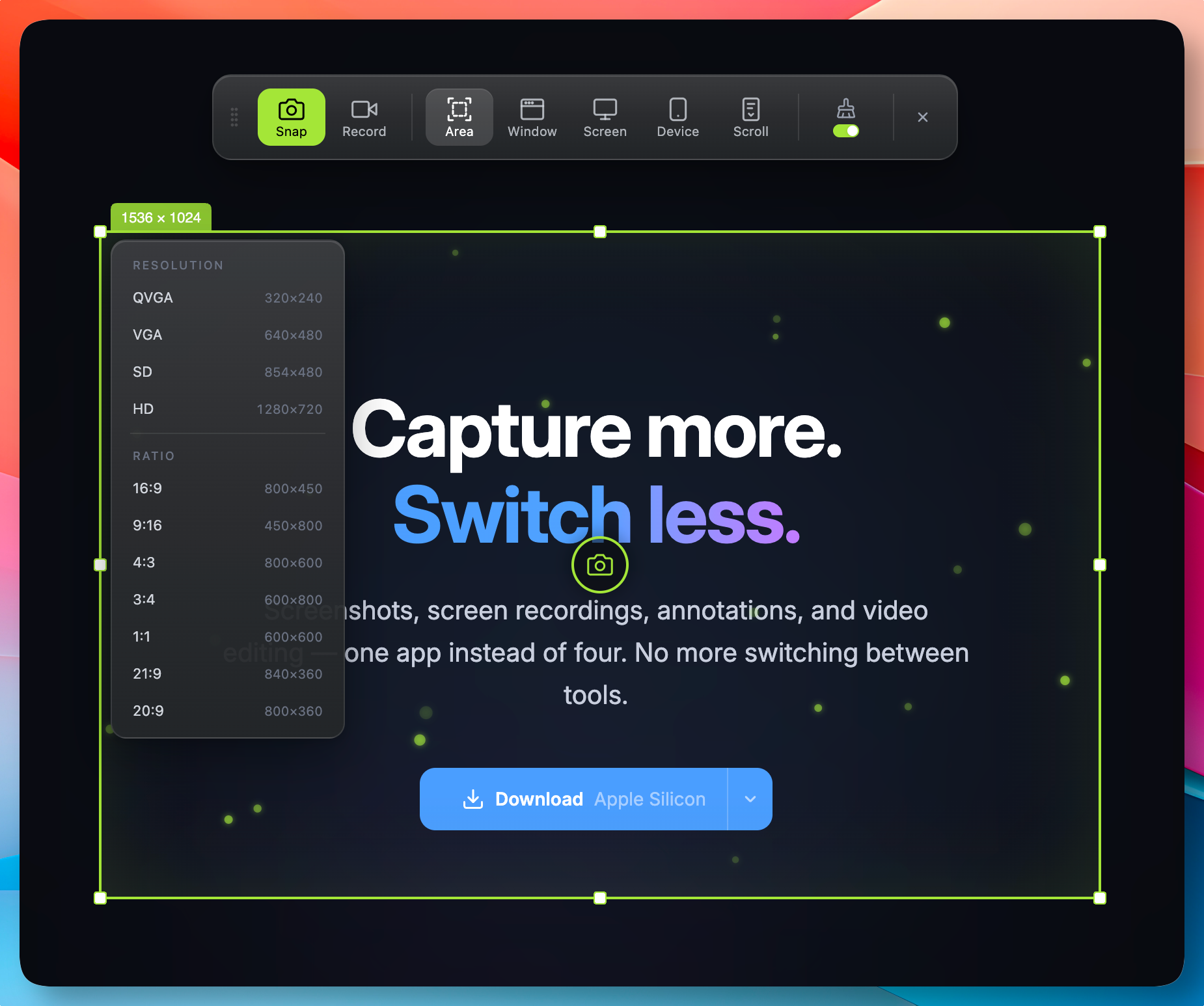 Select any region on screen — pixel-perfect capture, instantly.